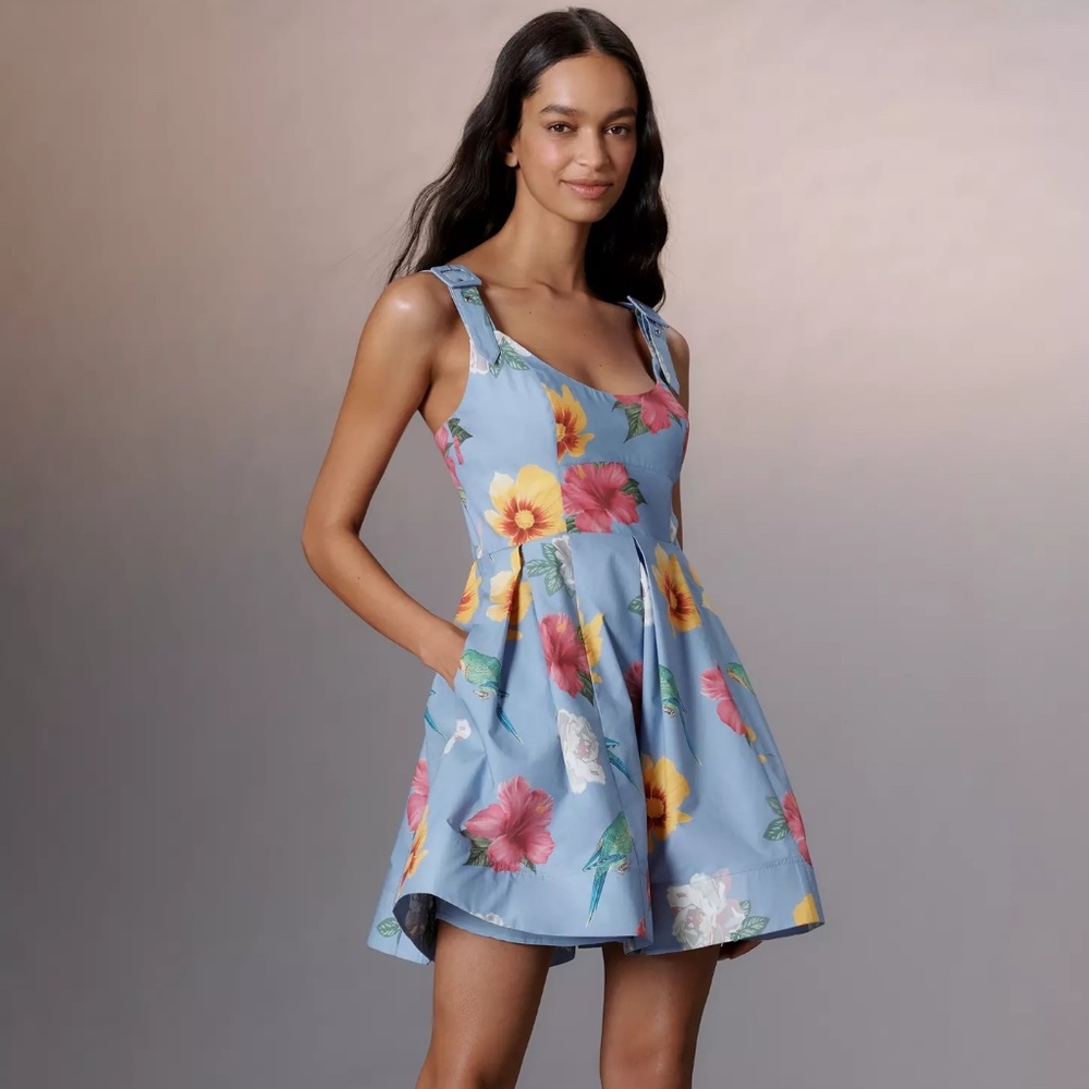 Anthropologie Scoop-Neck Printed Cotton Mini Dress Blue Floral By Maeve NWT